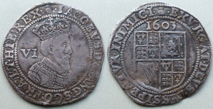 James I first coinage 1603 sixpence James I first coinage 1603 sixpence